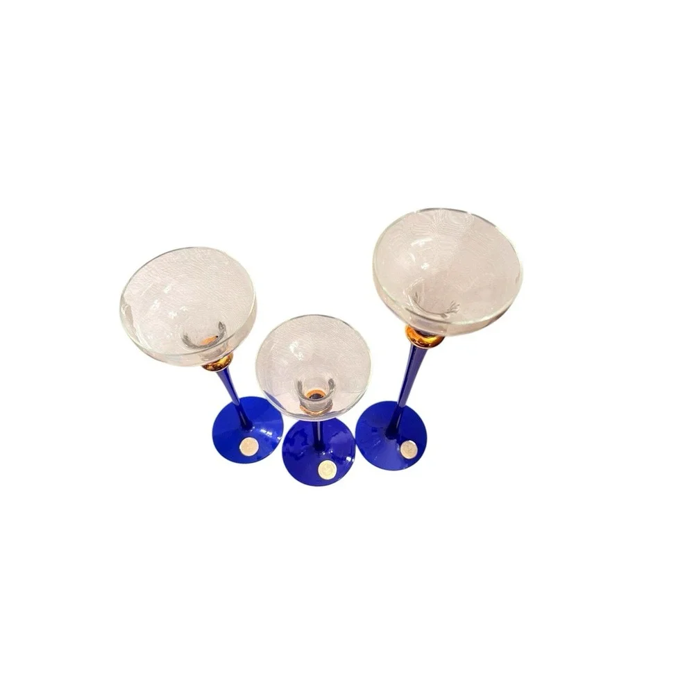 3 Crystal Clear Handcrafted Cobalt Stemmed Candle Holders Romania‎ Stickers